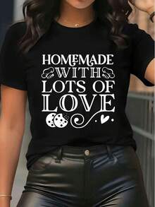 Damen Lässiges Crew-Neck Kurzarm Grafik T-Shirt "Selbstgemacht mit viel Liebe" Loose Fit T-Shirt für den täglichen Gebrauch Streetwear - Schwarz - Übersicht 6