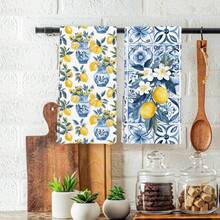 2pcs Italian Lemon Kitchen Towels - , Vibrant Lemon & Floral Design, Durable Polyester, Machine Washable, Perfect For Bathroom & Kitchen Decor - Multicolor - View 2