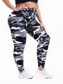 大码女式迷彩紧身裤，高弹力修身休闲运动裤，黑白配色，紧身塑形，瑜伽裤，适合居家、户外散步、购物、健身、举重等场合。 - 彩色 - 查看 2
