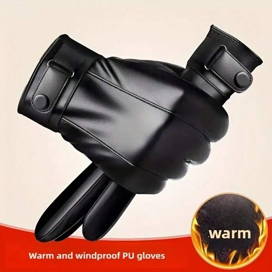 男士真皮手套一双，冬季保暖带内衬，防风防水，触屏设计，适合摩托车骑行，黑色 - 黑色 - 查看 1