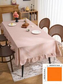 1件卡其色格子圆形桌布，复古美式风格，带荷叶边，厨房/客厅装饰，情人节桌布 - 卡其色 - 查看 8