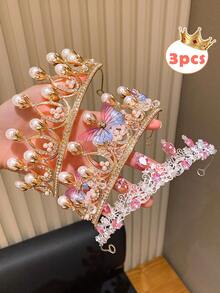 3pcs Shiny Faux Pearl Butterfly Crown Hair Accessories, Suitable For Party & Holiday Hairstyles, Perfect Hair Decor Gift For Cute Girls - Multicolor - View 7