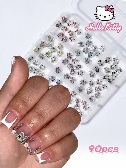 SANRIO 90件/套卡通美甲装饰，9种款式合金蝴蝶结和小猫设计美甲饰品DIY迷你水钻平面贴纸