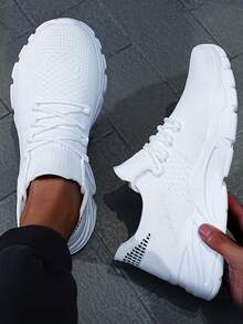 White Platform Sneakers For Men, Chunky Sole Knit Shoes, Breathable Mesh Casual Shoes, Lightweight Walking Shoes - Cool Comfort Gift - 白色 - 查看 5
