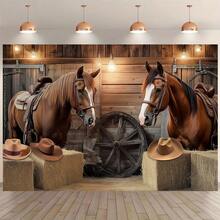 1 Western Cowboy Theme Party Banner Featuring A Saddle Horse, Hay Bale And Cowboy Hat Design - Perfect For Birthday Decorations, Photo Booth Backdrops, Cake Table Arrangements And Theme Party Accessories. Create A Authentic Western Atmosphere With These Cowboy Accessories, Ideal For Decorating Both Outdoor Gardens And Indoor Living Rooms. - Multicolor - View 2