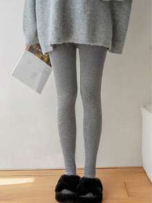 Women's Thick Thermal Lined Leggings With Vertical Stripes, High Elasticity Wool Blend Thermal Tights, Suitable For Autumn/Winter Home, Casual, And Business Wear - Light Grey - View 6