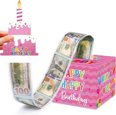 Meiidoshine Birthday Money Box For Cash Gift Pull, Pink Surprise Money Gift Boxes For Girls, Money Roll Box With 50Pcs Transparent Bags, A Fun And Loving Way To Gift Cash For Birthdays