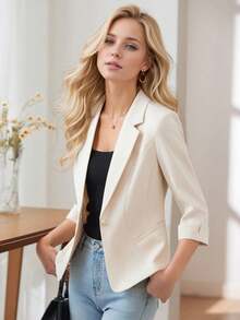 女士米色西装外套，七分袖，修身剪裁，休闲轻薄西装外套，2025春夏款 - 米色 - 查看 9