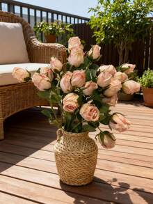1pc/2pcs/3pcs/4pcs/5pcs/6pcs Pink Artificial Roses, Fake Dried Roses, Home Decor Fake Roses, 7 Heads Nordic Style Mini Artificial Roses, Green Artificial Plants, Bohemian Autumn Farmhouse Style Decorative Rose Bouquet - Pink - View 9