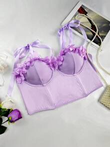 Lavender Ruffle Flower Bustier Bodysuit - Beach Vacation Sweetheart Corset Top - Mauve Purple - View 1