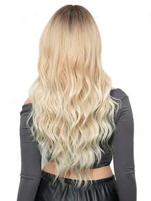 Peluca rubia ombre con flequillo, peluca larga y rizada ondulada ombre, peluca de cabello sintético para uso diario, fiestas, disfraces y cosplay - Peluca negra con flequillo rubio - Ver 6