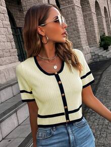 Áo thun nữ dệt kim thanh lịch, kiểu dáng thường ngày, tay ngắn, cài nút, phối màu tương phản, ôm dáng, phong cách tối giản cổ điển với họa tiết đồng xu, thích hợp cho mùa tựu trường, mùa thu, phong cách đường phố thu đông, cũng phù hợp cho các dịp Giáng sinh, Lễ Tạ ơn và Năm mới. - Mi Xing - Xem 6