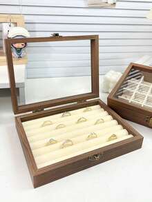 1个木纹首饰盒，透明防尘高端精致首饰盒，珠宝盒，收纳盒，包装盒，化妆盒，翻盖设计，透明玻璃，中式复古小型首饰收纳盒，带玻璃盖防尘，用于存放项链、手链、戒指，送给女友/妻子的礼物