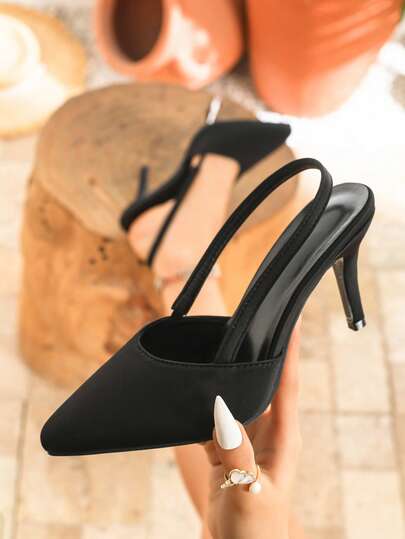 Sandalias de tacón alto negro sexy y de moda para mujer, sandalias de tacón de aguja de punta abierta adecuadas para todas las estaciones, nuevas llegadas de primavera/verano con un solo tirante y sin talón trasero para vestidos, fiestas, vacaciones y uso diario