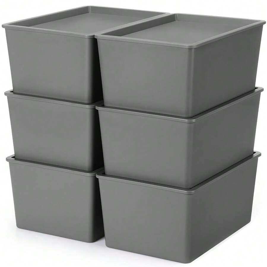 6 Piezas de Cajas de Almacenamiento con Tapas, Pequeños Contenedores de Almacenamiento de Plástico Apilables, Cestas de Almacenamiento Organizadoras Lindas para Estantes (Gris) - Gris - Ver 1