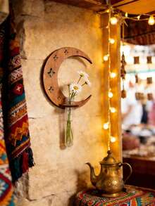 1个波西米亚新月形木质空心花瓶，悬挂式塑料管植物架，适用于水培和扦插，易于安装，四季皆宜，波西米亚简约透明水培绿玫瑰植物家居装饰 - 适用于卧室、客厅、走廊、婴儿房、厨房、办公室和小屋（随机管型） - 彩色 - 查看 3