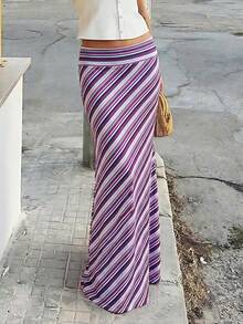 Nueva falda larga elegante y con estilo, de tela de punto con estampado de rayas, adecuada para la playa, vacaciones, uso diario y viajes de primavera - Morado - Ver 2