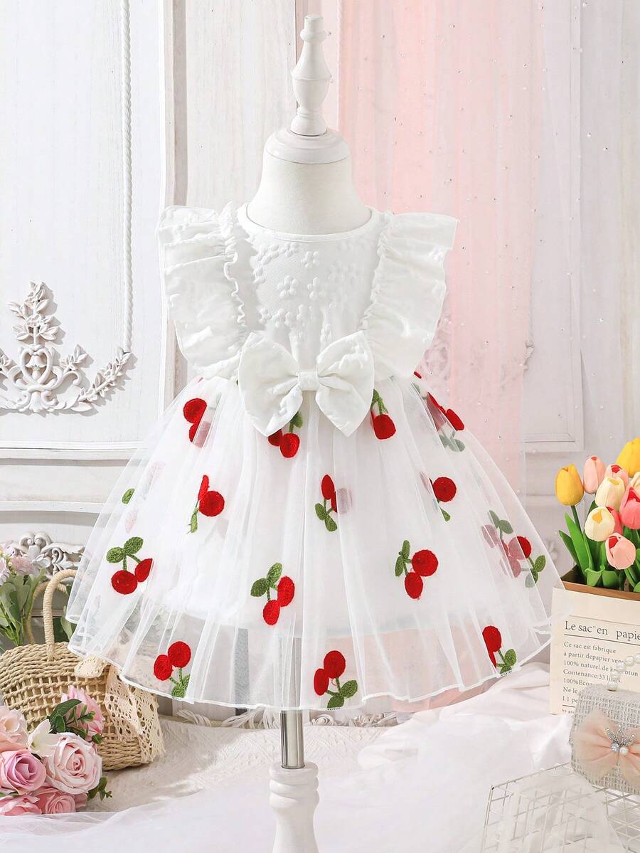 0-3 Years Old Girls Cute Mesh Princess Fairy Dress, Bow Lace Trim Cherry Embroidery Mesh Skirt, Back Closure, Suitable For Outings, Photo Shoots, Parties - White - View 1