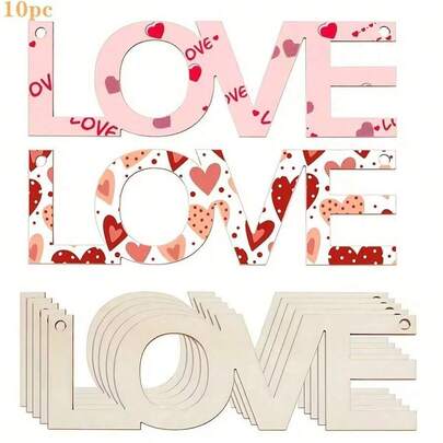 10个木质LOVE字母镂空装饰，适用于DIY手工制作 - 心形和爱心主题悬挂装饰，非常适合情人节、婚礼、生日和节日派对，10厘米轻质木质饰品，情人节装饰品