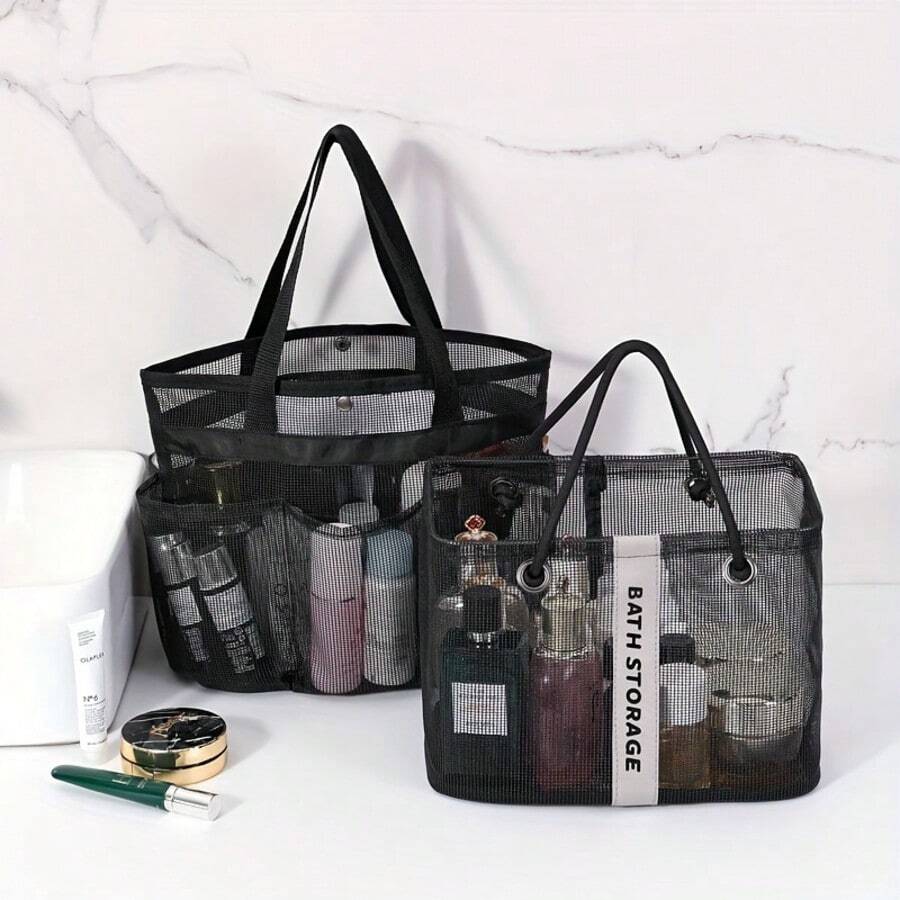 1pc Foldable Mesh Drain Basket, Travel Toiletry Swim Bathroom Storage Basket, Large Capacity Portable Organizer Designed For Versatile Use In Travel, Home, Gym, Hotel, And Dorm Spaces; Breathable Mesh Design With Sturdy Folding Frame, Compact When Collapsed, Easy Drainage, Sturdy Handle Grip, Ideal For Cosmetics, Toiletries, Skincare, Toothbrushes, Razors, Accessories, Swimming Gear, Shower Essentials, And Small Items Organization