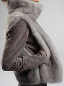 高领无袖女士短款仿毛皮外套，绒面法兰绒，常规下摆 - 灰色 - 查看 4