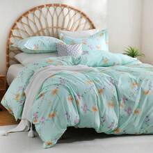 Juego de Ropa de Cama Navideña 3 Piezas Matrimonial/Queen, Microfibra con Copos Rojos y Renos, Funda de Edredón + Cubrecama, Suave al Tacto - Verde Floral - Ver 2