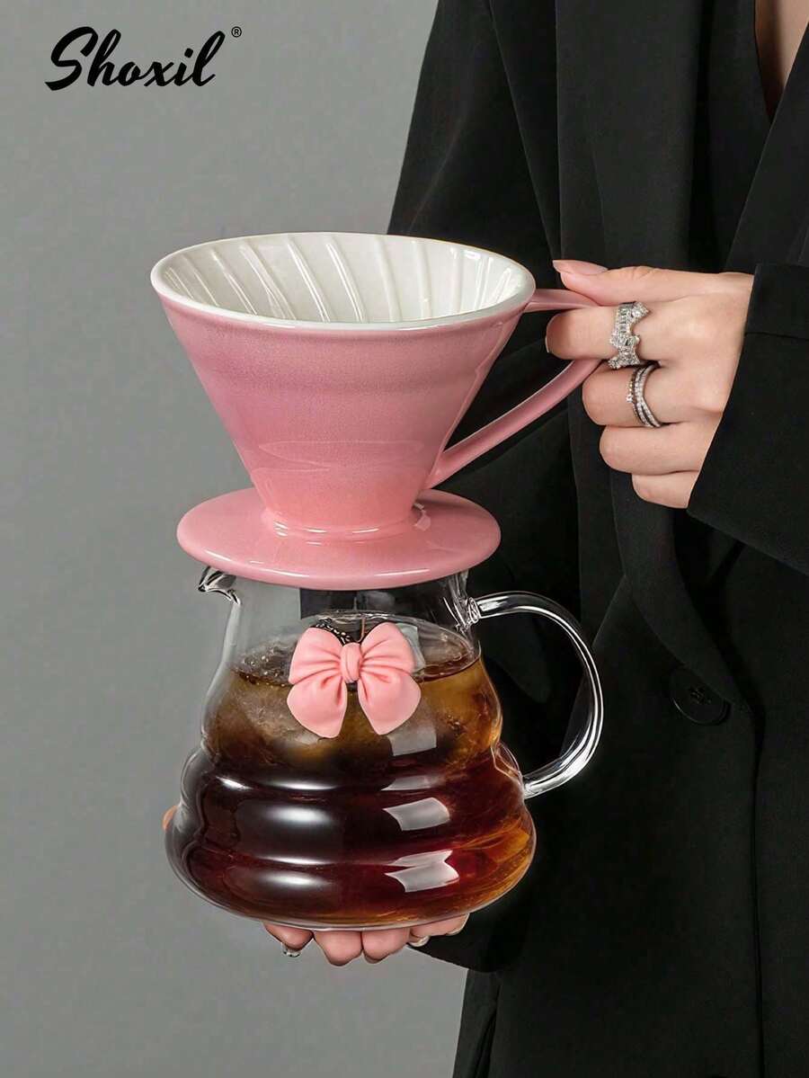 shoxil 1pc Pink Bow Tie Pour Over Coffee Pot Without Lid, High Borosilicate Glass Coffee Server, Cloud Shaped Clear Coffee Carafe, For Home, Office, Outing - Multicolor - View 1
