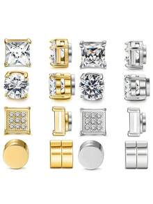 4 Pairs Stainless Steel Magnetic Earrings, Fashionable Cubic Zirconia Magnetic Clip-On Earrings For Men, No Piercing Needed, Gold Color Earrings, Multiple Styles, Can Be Freely Matched With Nose Rings, Gifts For Valentine's Day, Mother's Day, Friends, And Moms - Multiple Styles - View 9