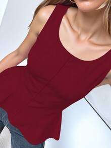 1pc Solid Color Knit Fabric Ruffle Trim Casual Top, Summer - Burgundy - View 3