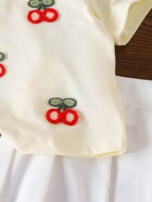2件套女童甜美学院风3D樱桃领短袖上衣和纯色百褶裙套装，夏季