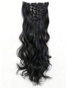 امتدادات شعر مموجة بطول 32 بوصة، 7 قطع/مجموعة، قطع شعر سميكة، تصميم مشبك غير مرئي، ألياف صناعية ناعمة، لون أسود، للنساء - متعدد الألوان - مشاهدة 8