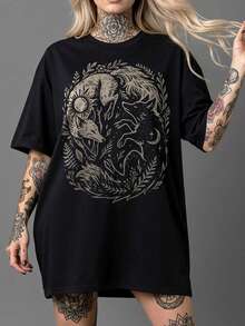 Áo thun Fox Yin Yang mới năm 2026, áo thun Mặt Trời và Mặt Trăng, áo thun Rừng Phù Thủy, áo thun in hình động vật bí ẩn, áo thun cổ tròn cỡ lớn phong cách Dark Academia tự nhiên dành cho nữ, màu đen, thích hợp mặc mùa hè. - màu đen - Xem 1