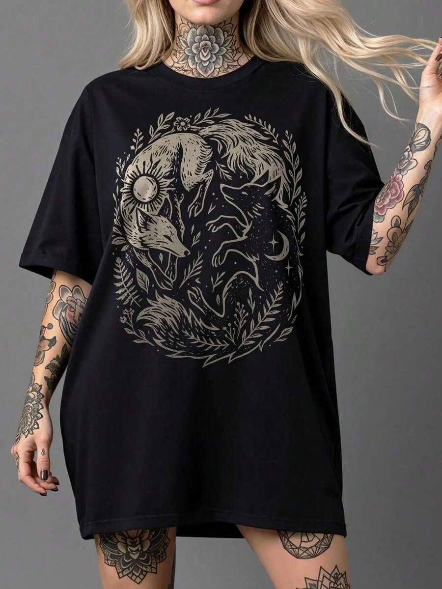 Áo thun Fox Yin Yang mới năm 2026, áo thun Mặt Trời và Mặt Trăng, áo thun Rừng Phù Thủy, áo thun in hình động vật bí ẩn, áo thun cổ tròn cỡ lớn phong cách Dark Academia tự nhiên dành cho nữ, màu đen, thích hợp mặc mùa hè. - màu đen - Xem 1