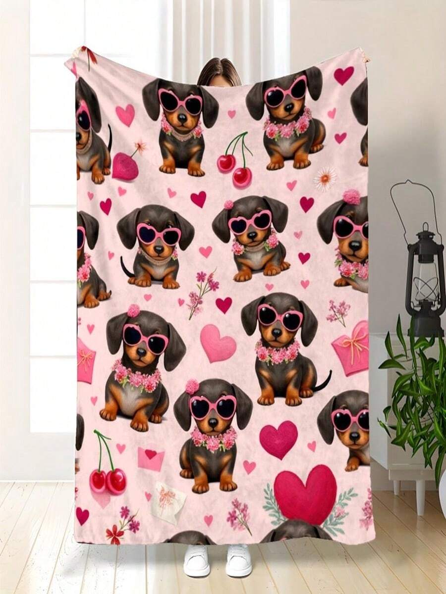 One Pink Turkish Dog And Heart Pattern Outdoor Blanket - Thickened, Warm, Soft, Coarse Fleece Blanket Suitable For All Seasons, Ideal For Cars, Offices, Sofas, And Dormitories - Machine Washable, Comfortable Gift For Dog Lovers, Car Travel Blanket - Whimsical Design - 280gsm Polyester Flannel