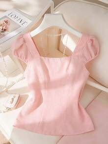 优雅法式粉色方领短袖女式衬衫，修身设计，春夏款