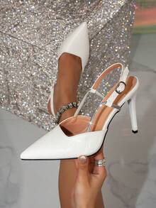 Women's Rhinestone Strap High Heel Sandals, French Fashion Pointed Toe Stilettos, Versatile Commuter Dress Shoes - White - View 1