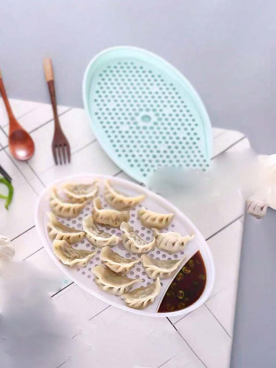 1 pieza Plato multifuncional de plástico para dim sum con capa de drenaje y plato para vinagre, plato creativo para servir dim sum para uso doméstico - Blanco - Ver 1