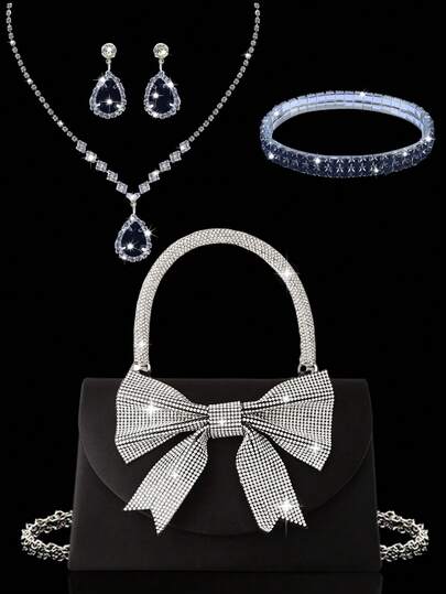 Glänsande och lyxig aftonväska för kvinnor, elegant och trendig svart kuvertväska med satinklaffar, ny festväska med rosett och strassdekoration, set med tre delar och glänsande strasssmycken, halsband med glänsande strasshänge, örhängen, armband, med aftonklänning i satin, mycket lämplig för banketter, fester, födelsedagar, bröllop