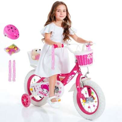 JCH-Bicicleta Infantil para Niñas 40cm/16 Pulgadas Rosa y Blanca con Ruedas de Entrenamiento Canasta Portamuñecas Asiento Ajustable 4-7 Años