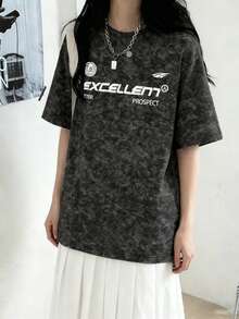 日系女式宽松圆领时尚百搭字母卡通印花扎染短袖T恤，春夏款 - 黑色 - 查看 2