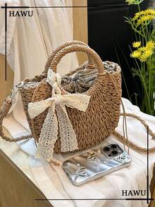 1 chiếc túi tote bằng rơm hình bán nguyệt rỗng thời trang, thích hợp cho kỳ nghỉ biển. - Màu Khaki - Xem 3