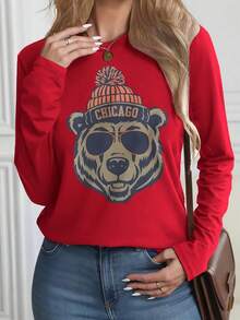 Stylized Bear Graphic Black Long Sleeve T - Shirt, Cool Playful Bear With Orange & White Striped Beanie (CHICAGO) & Sunglasses, Perfect For Casual Wear - Pair With Blue Denim Jeans - 紅色 - 查看 1
