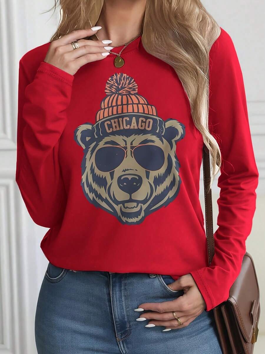 Stylized Bear Graphic Black Long Sleeve T - Shirt, Cool Playful Bear With Orange & White Striped Beanie (CHICAGO) & Sunglasses, Perfect For Casual Wear - Pair With Blue Denim Jeans - 紅色 - 查看 1