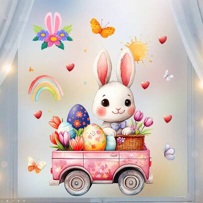 1张可爱兔子汽车贴纸，带有花朵、蝴蝶和彩虹图案，可移除PVC自粘贴纸，适用于春季复活节卧室、客厅、阳台和窗户装饰