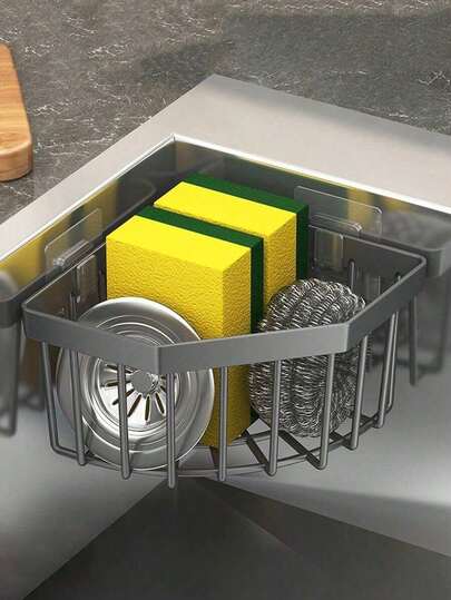 1pc Grey/Black Sink Drain Rack, Kitchen Sink Corner Sponge Storage Basket With Drainage Drying Rack For Kitchen Countertop