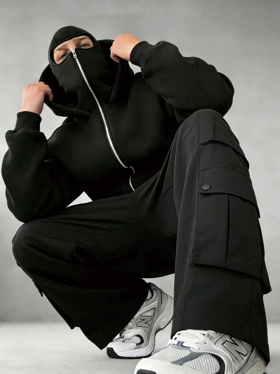 男士连帽夹克，带面罩，拉法帽式防护设计，秋冬季户外骑行跑步运动外套，侧边口袋方便实用，宽松版型 - 黑色 - 查看 1