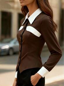 Commuter Color Block Patchwork Slim Fit Versatile Long Sleeve Shirt For Women - Coffee Brown - View 4