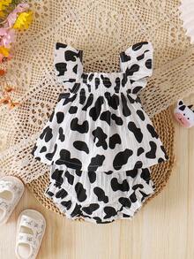 2pcs Baby Girls Cute Cow Print Sleeveless Top + Shorts Set, Lightweight Summer Outfit - Black and White - View 3