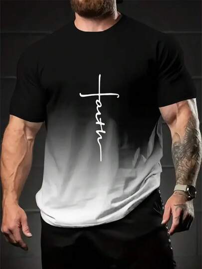 Tricou bărbătesc cu imprimeu 3D Faith Text, mărime mare, tricou sport respirabil, mărime mare, ținută casual cu gradient de culori
