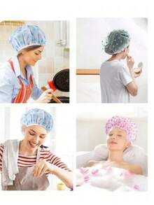 5 piezas/4 piezas/1 pieza Gorro de ducha impermeable de plástico EVA, gorro de natación reutilizable elástico, gorro con estampado de banda elástica de encaje para salón de belleza/SPA - Multicolor - Ver 6